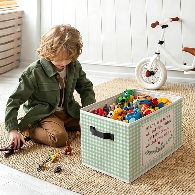 Butter Lover Gifts Foldable Storage Bins Box with Handles, Bread Gifts for Bakers, Cottagecore Sage Green Gingham Plaid Decorative Storage Boxes Baskets Organizer for Kitchen Bakery