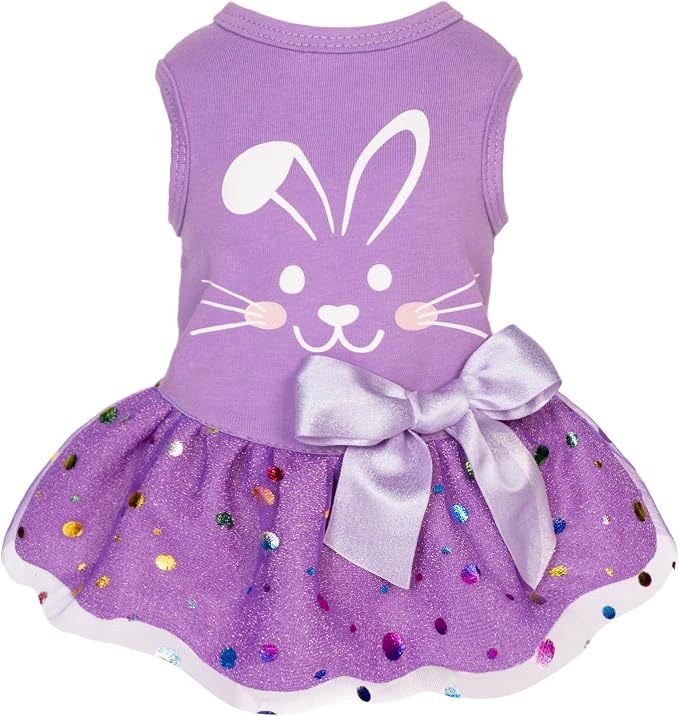 Fitwarm Easter Bunny Dog Dress, Holiday Dog Clothes for Small Dogs Girl, Pet Easter Outfit, Purple, White, XS