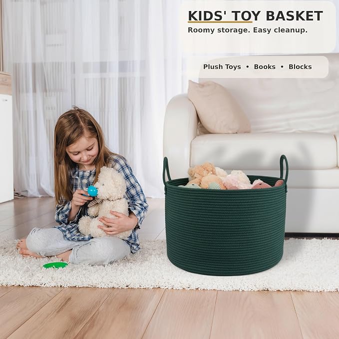 XUANGUO 66L Large Blanket Basket, Round Cotton Rope Basket, Dark Green | 20" x 13" Laundry Basket with Sturdy Handles for Blankets, Pillows and Toys; Storage for Living Room, Bedroom and Nursery