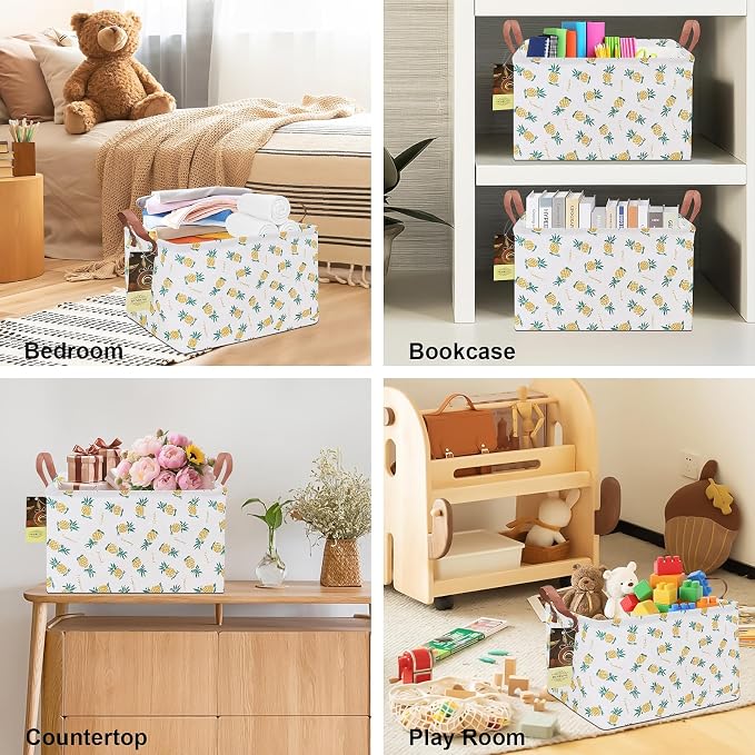 Rectangle Foldable Storage Basket Handles For Home, Pineapple | Waterproof canvas material, reinforced handles, perfect for shelf use, organizes clothes, daily items and pet supplies