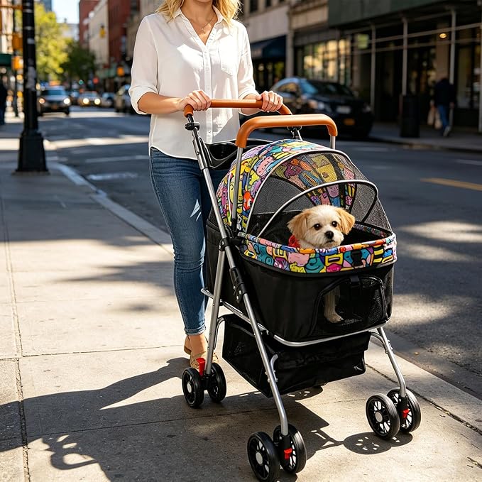Pet Stroller with Storage Basket and Cup Holder, Folding Dog Jogger, Foldable Cat Stroller, 3 in 1 Puppy Kitten Cart, Pet Jogger for Medium Dog Cat (Magic Black)