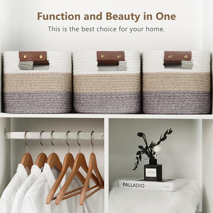 ECDYQXVU 15x10x9 Woven Cotton Rope Storage Basket, Leather Handles 3 Pack | Foldable Design, Sturdy PU Handles, Easy to Clean Organizer for Living Room, Closet, Shelves, Bedroom, Laundry, Clothes