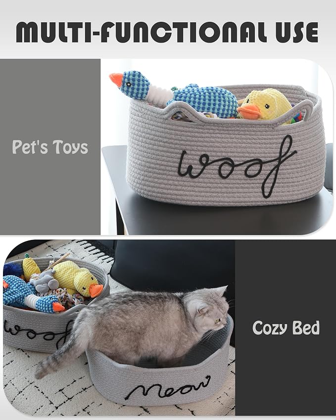 Sea Team Dog Toy Storage Basket with Handles and Ears, Gray Woof | Large Cotton Rope Storage Bin, Shelf Basket, Organizer for Pet Chew Toys, Foods, 16.5 x 11 x 7 Inches, 4.4 Gallons
