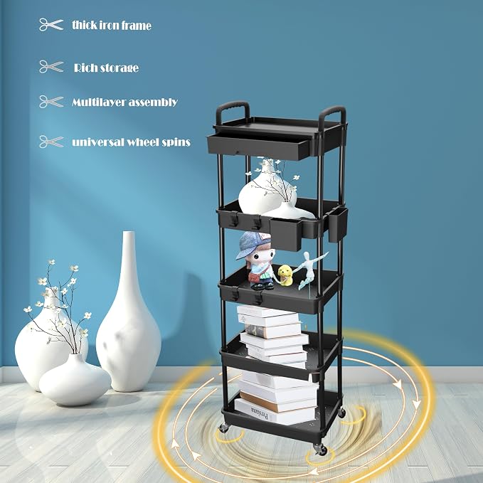 5 Tier Rolling Utility Cart with Drawer,REBECAT Utility Cart Made of Multifunctional Storage Organizer Tool for Kitchen,Bathroom,Living Room,Office(Black)