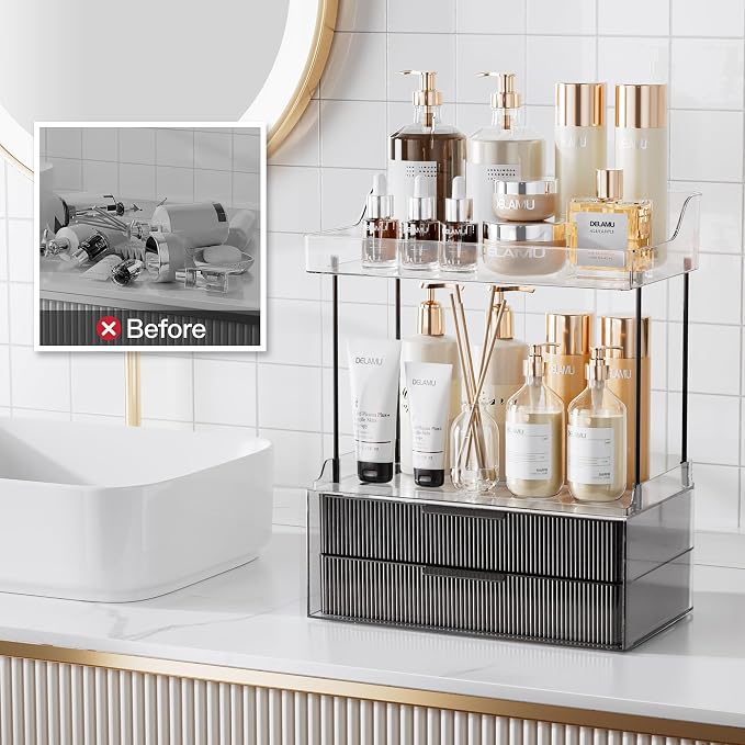 Delamu 4-Tier Makeup Organizer, Bathroom Counter Storage, 2 Drawers,Black | Elegant Vanity Organizer Gift for Women, Holds Perfume, Skincare, Nail Polish & Hair Accessories for Bathroom Countertop