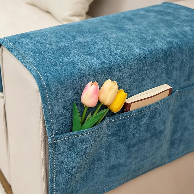 Sofa Armrest Cover with Pockets Set of 2 Solid Color Furniture Protector Slip Chenille Non Slip Recliner Organizer Remote Holder Caddy Accessories for Living Room Bedroom 24*43.3 Inch Dark Blue