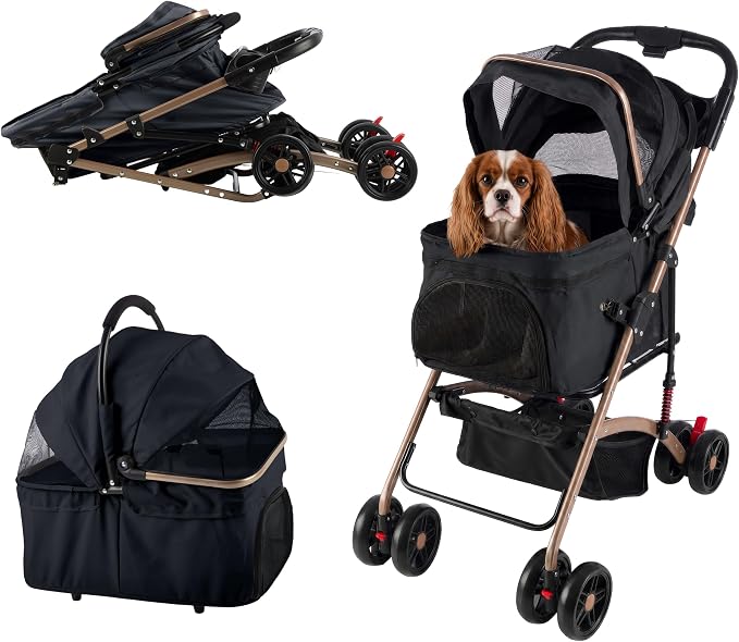 2-in-1 Pet Stroller with Detachable Carrier - Lightweight Foldable Dog Strollers for Small Dogs and Cats - Cat Carrier with 4 Shock Absorbing Wheels, Cupholders and Storage Basket by PETMAKER (Black)