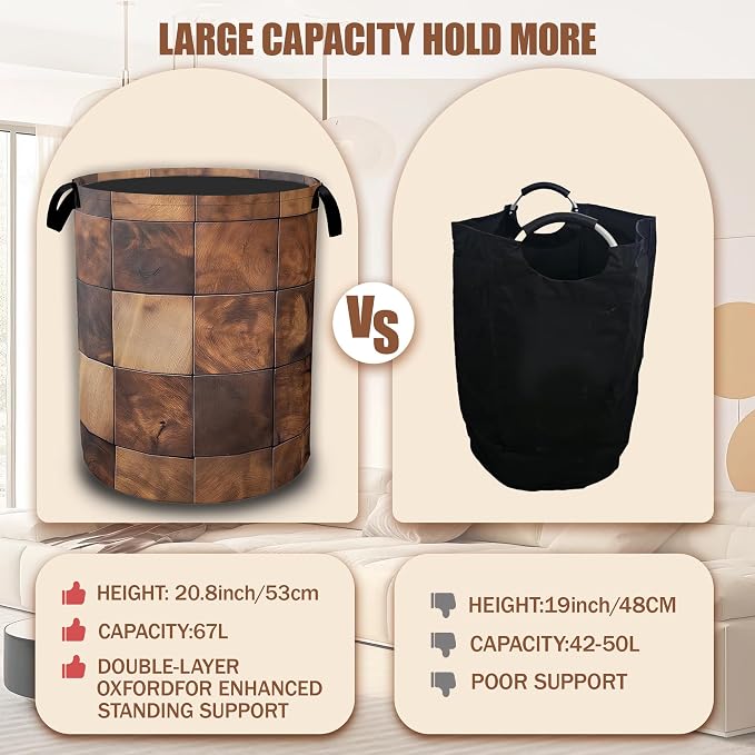 Brown Wood Squares Laundry Basket, Laundry Hamper Waterproof Oxford Cloth Tote Collapsible,Clothes Storage Bucket Decorative Toy Organizer For Bathroom Bedroom 16" x 20.8"