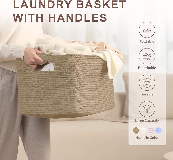 60L Woven Laundry Basket Hamper with Handles, Jute | collapsible wicker hamper, storage for dirty clothes, toys, blankets, gifts, living room, bedroom, bathroom, 21"x15"x11"