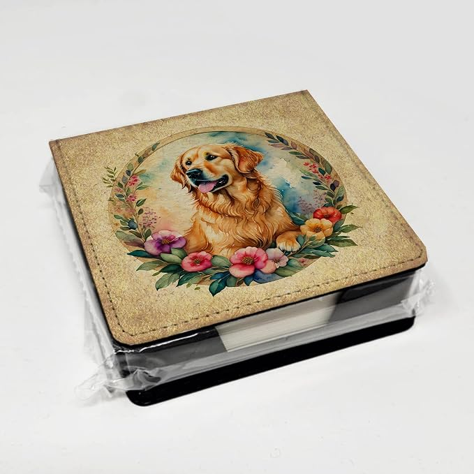 Caroline's Treasures Golden Retriever and Flowers PU Leather Note Paper Holder with Artist-Designed Cover, Desk Accessory, Office Gift