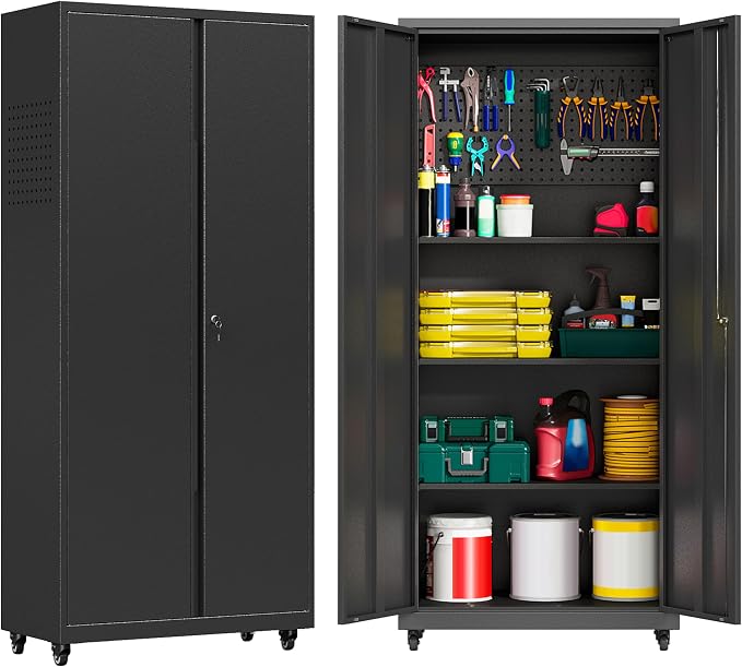 71''H Garage Storage Cabinet, Meatl Storage Cabinet with Lock | Tool Storage Cabinet, Steel Tool Cabinet with 2 Doors and Shelves for Garage, Warehouse, Assembly Required, Black