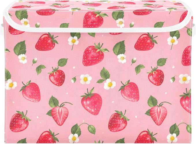 Storage Bins with Lid Strawberry Daisy Foldable Storage Boxes 40L Baskets | Decorative Storage Boxes, 300D Oxford Cloth, Hollow Board Frame, Flip Top Velcro Lid, 16.5x12.6x11.8 inch, Collapsible Design