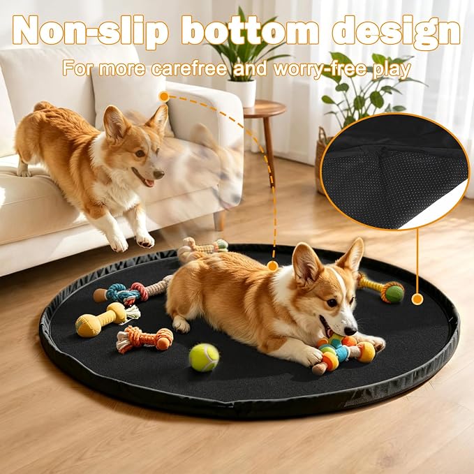 SZEE 2 in 1 Dog Toy Storage Bag and Reusable Play Pad, Washable Drawstring Pet Organizer, Pads for Indoors Dogs Play Pen, Oxford Fabric Waterproof Dog Mat for Floor, Car Trunk & Backyard, 47.24 in