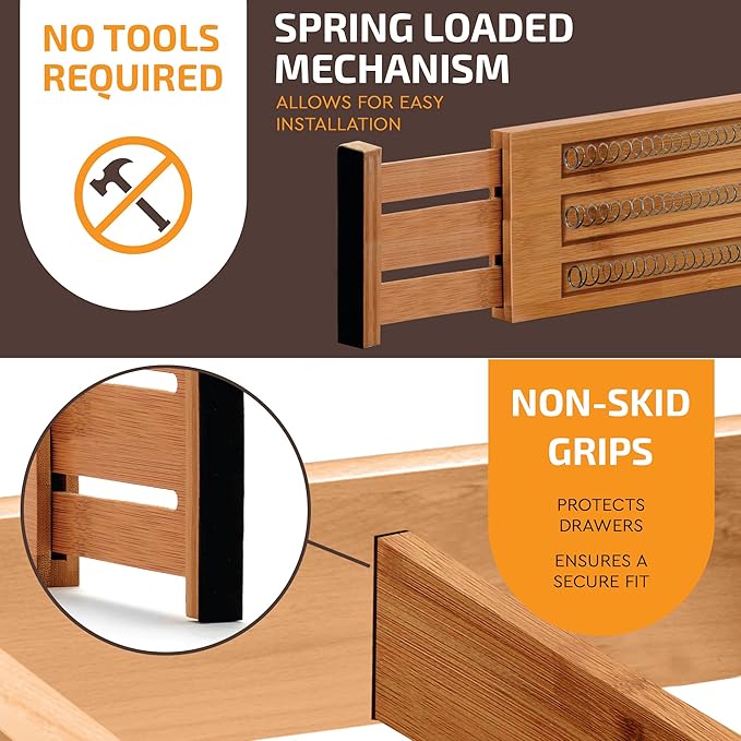 6-Pack Deep Drawer Dividers 4-Inch High Dresser Drawer Organizer, Bamboo | Adjustable 11.5-17 Inch Spring-Loaded Separators for Clothes, Utensils, Socks, Bedroom, Bathroom, Kitchen, Office, No Tools