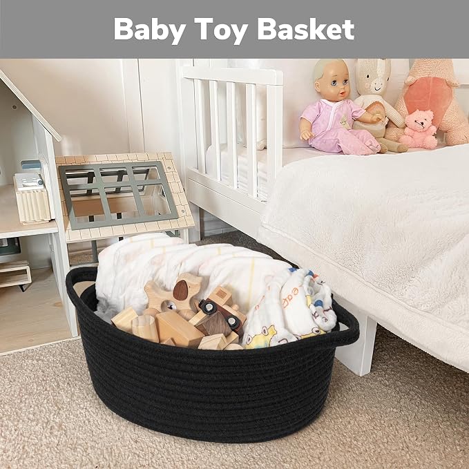 Goodpick Small Woven Rope Gift Basket Empty, 12" x 8" x 5", Black | Durable Boo Basket for Baby Showers Toys Storage, Fits Living Room Bathroom Organization, with Durable Handles