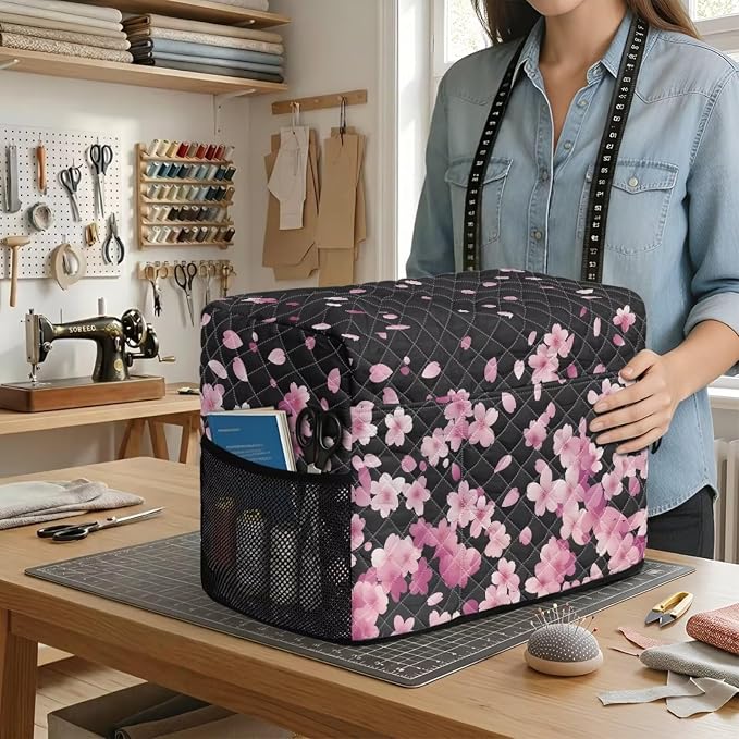 Sewing Machine Cover Polyester Febric Falling Cherry Blossom Print | Dust Pet Hair Protection,Quilting Design,Fits Standard Singer,Brother Janome Machines,Protecting Decorating Your Sewing Space