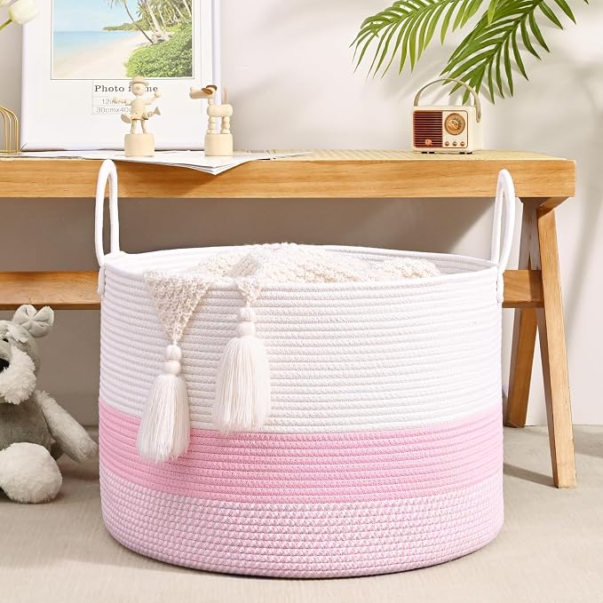 67L Large Woven Blanket Basket, Cotton Rope Baby Laundry Hamper with Handles, Kids Toy Basket for Classroom & Nursery, Soft Round Stuffed Animal Storage, Dog Toy Bin - 20"x13", Light Pink