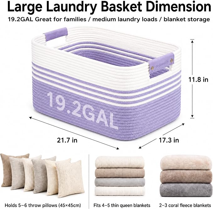 19.2GAL Sturdy Large Laundry Basket with Handles for Bathroom, Dorm Dirty Clothes, Portable Aesthetic Boho Cute Woven Storage Blanket Baskets for Living Room Decor Girls Boys Pets Toys White Green