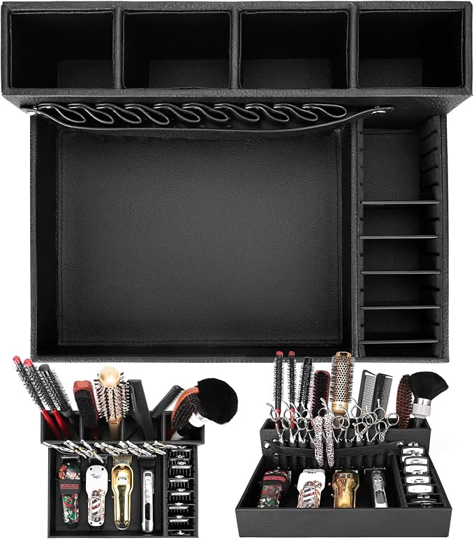 Barber Organizer Tray, 13.9 x 11.2 x 4.4 inch Adjustable Station for Clippers & Guards Scissors, Multifunctional Non-slip Barber&Salon Hair Tools Holder, with PU Leather Exterior Hairdressing Case