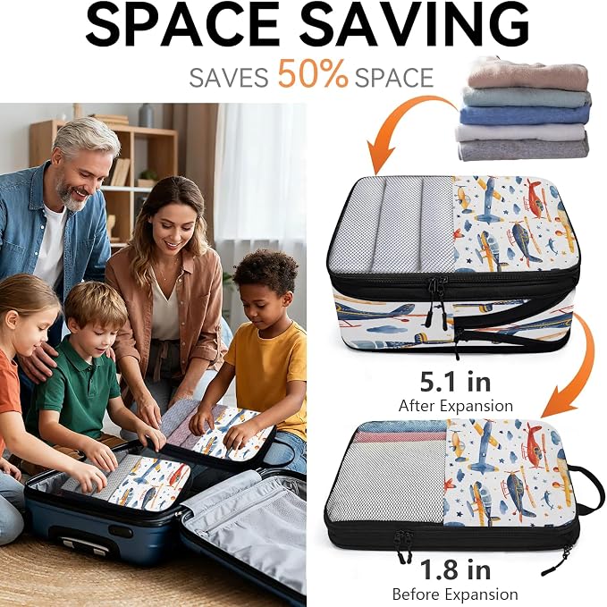 Airplane Compression Packing Cubes Cartoon 6 Set Travel Packing Cubes for Suitcases Lightweight Expandable Organizers