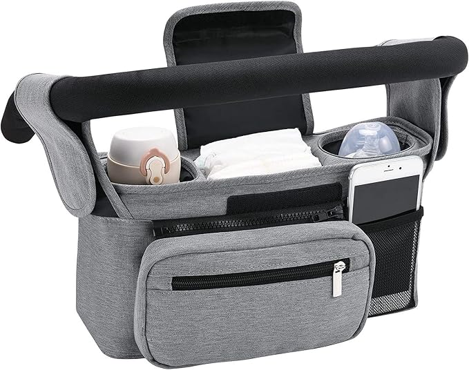 Compact Universal Stroller Organizer: Insulated Cup Holders, Detachable Phone Pouch + Shoulder Strap, Ideal for Parenting Journeys (Grey)