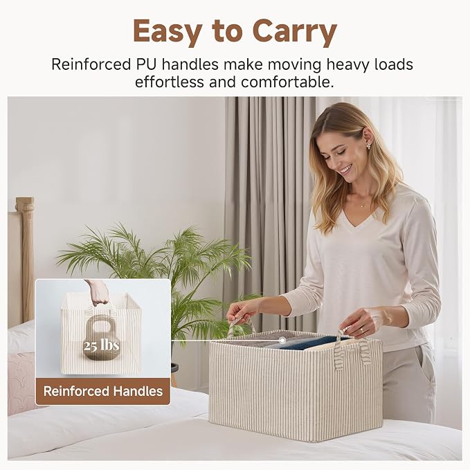 StorageWorks Fabric Storage Bins, Khaki and Beige Stripes, 2-Pack | With Reinforced Soft Handles, Sturdy Metal Frame, Collapsible Basket for Shelves, Closet, Holds Clothes, Towels, Blankets