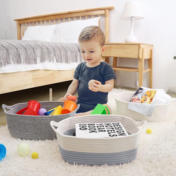 ABenkle Small Storage Basket with Handles, Cotton Rope Woven Dog Cat Toy Bin, Decorative Shelves Closet Organizing for Nursery Laundry Bedroom Bathroom, 14.2''x 11''x 5.1''