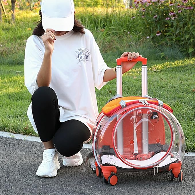 Pet Trolley Case with Upgraded Detachable Silent Wheels, Clear Ventilation Holes Cat Dog Carrier, Cat Dog Carrier with Telescopic Handle, Perfect for Traveling/Taking a Walk Orange