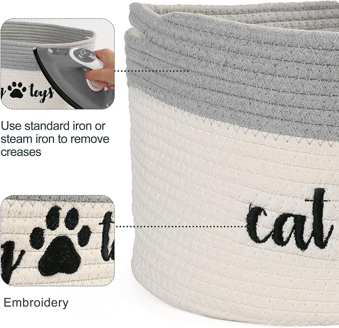 PrimePets Cat Toy Basket, Cotton Rope Storage Basket with Handles, Small Woven Pet Box Bin for Blankets, 15x10x9 inch Cat Holder Container, White and Grey