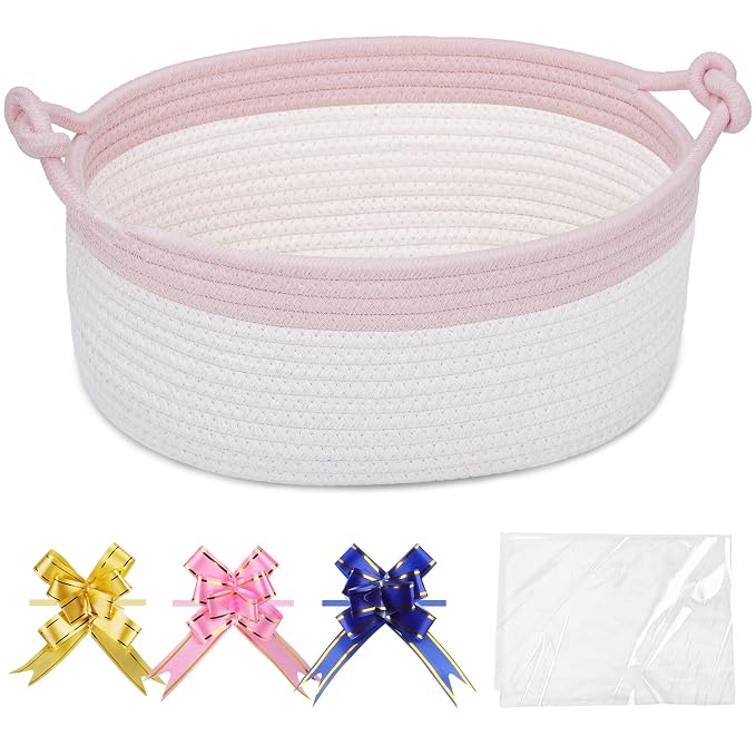 COMSE Small Gift Basket Empty with Bag & Ribbons, Light Pink & White | Cotton Rope, 12"x 8"x 5", Pet Toy Storage Organizer, Woven Basket for Birthdays, Baby Showers, Mother’s Day, Valentine’s Day