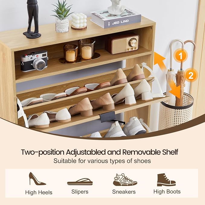 FurSch Fluted Shoe Cabinet with 2 Flip Drawers | Slim, Freestanding, Hidden Organizer, Narrow Storage Rack, for Entryway