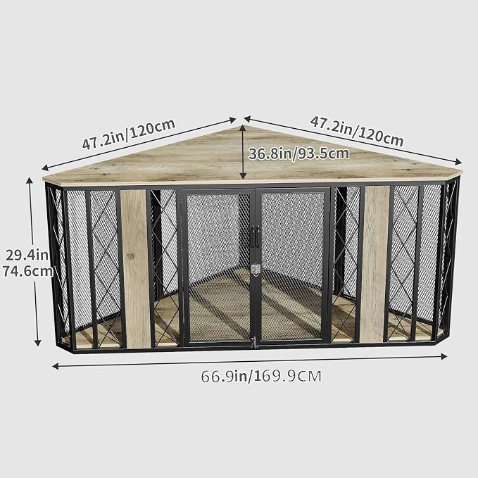 Spacesea XL Corner Dog Crate Furniture, 67" Wooden Corner Dog Kennel, End Table & TV Stand, Chew-Proof, Large Breed Dog Cage for Living Room, Grey