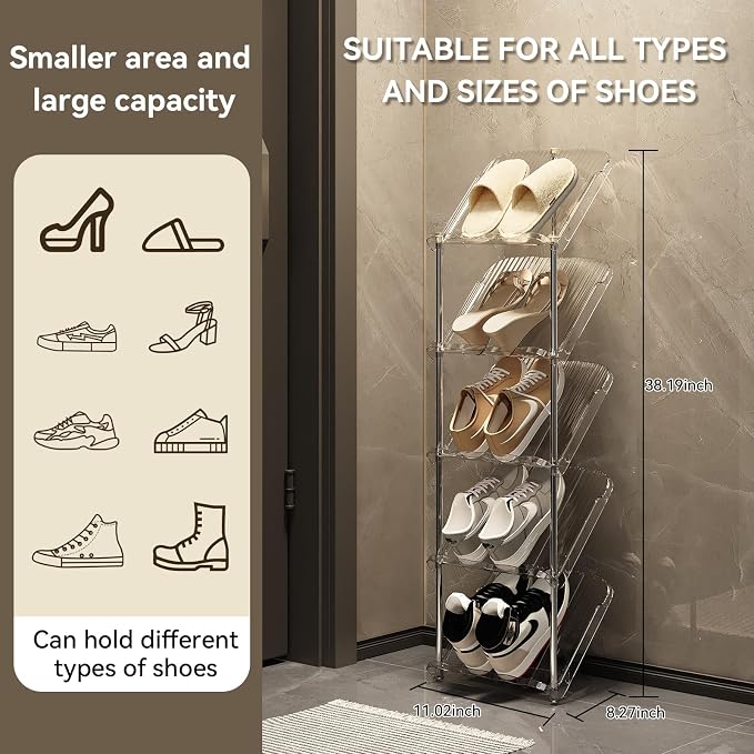 YYW Transparently Narrow Shoe Rack, Vertical Shoe Rack for Entryway Corner | Small Shoe Storage Organizer, Save Space Slim Shoe Shelf for Front Door Entrance, Easy To Assemble, PET Material