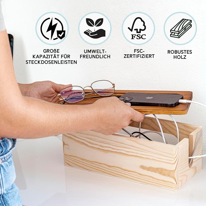 NATURE SUPPLIES Set of Two Natural Wood Cable Management Box, Large and Medium Cord Organizer to Hide Wires and Power Strips for TV, Desk, Computer, Router, Cable Storage and Cord Organization