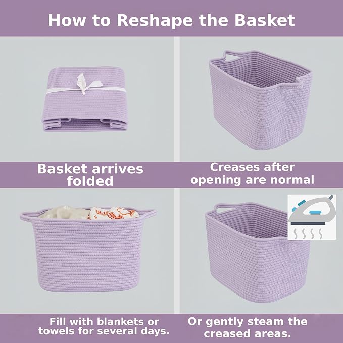 XUANGUO Woven Cotton Rope Storage Basket with Handles 13x10x9 inch Purple | Woven cotton rope basket for shelves and closets. Perfect for toys, books, clothes, nursery storage and gift baskets.