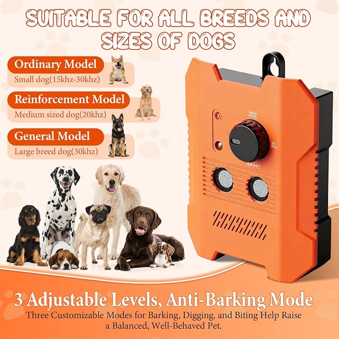 Dog Bark Deterrent Devices, Ultrasonic Anti Barking Device for Dogs, 3 Training Modes Automatic Standby, 200 Feet Bark Guard for Outdoor, Suitable for Dogs of All Breeds and Sizes