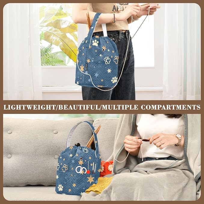 Fustylead Beautiful Shooting Stars and Paw Prints Yarn Knitting Crochet Drawstring Bag with Customized Front Compartment, Portable Large Storage Basket for Crocheting Project, Kit, Yarn Ball, Needles