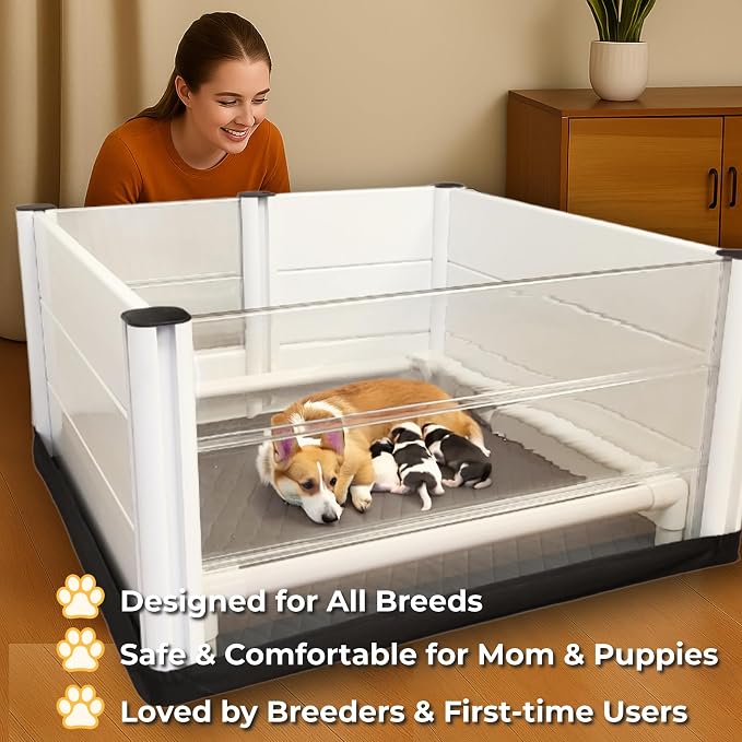 Whelping Box for Dogs and Puppies with Clear Window Panel – 36 Inch Modular, Easy-Clean, Safe Design with Pig Rail, Floor Liner & Washable Pad | Premium Small to Medium Breeds