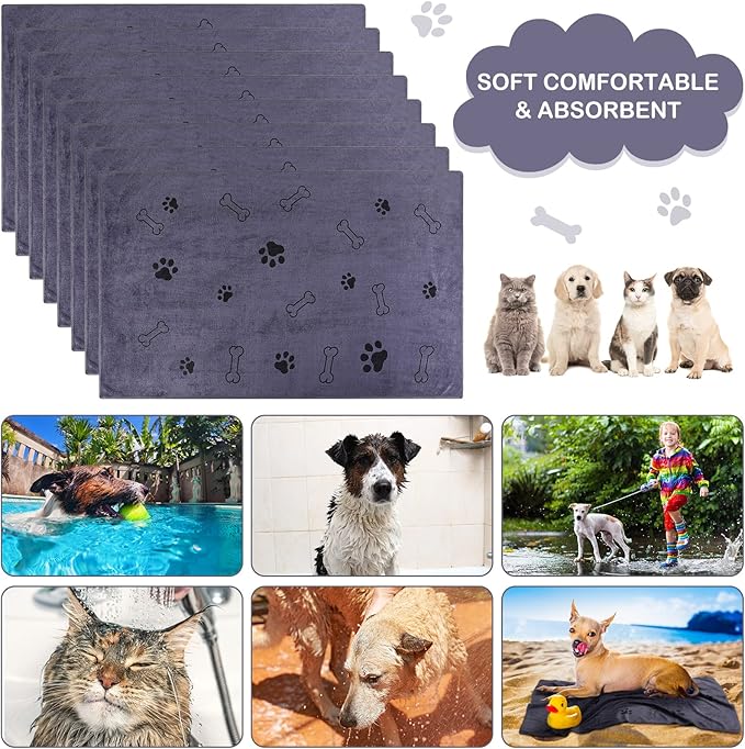 Chumia 8 Pcs Dog Towels for Drying Dogs Cats Pet Towels Bulk Puppy Microfiber Fast Drying Paw Bath Bathing Supplies Absorbent for Medium Pets(40 x 24 Inch,Dog Paw and Bone,Gray)