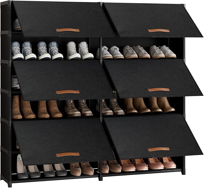 2 by 7 Tier Shoe Cabinet, 42-Pair Storage for Closet, Black | Removable Layer Fits Tall Boots, Split into 2 Units for Different Spots, Door Keeps Shoes Clean