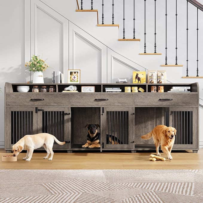 AMERLIFE 95" Dog Crate Furniture, Multi-Functional TV Stand with Storage | Dog Kennel with Drawers & Removable Divider for Medium/Small Dogs, Grey