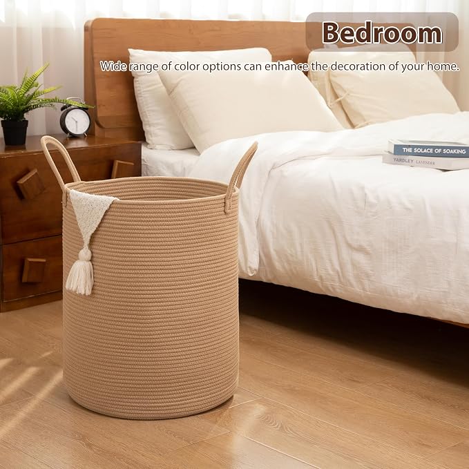 OIAHOMY 60L Nursery Hamper Laundry Basket Laundry Hamper Yellow | collapsible Blanket Basket Cotton Rope Woven Basket Dirty Clothes Hamper Baby Hamper Tall Clothes Hamper with Handles