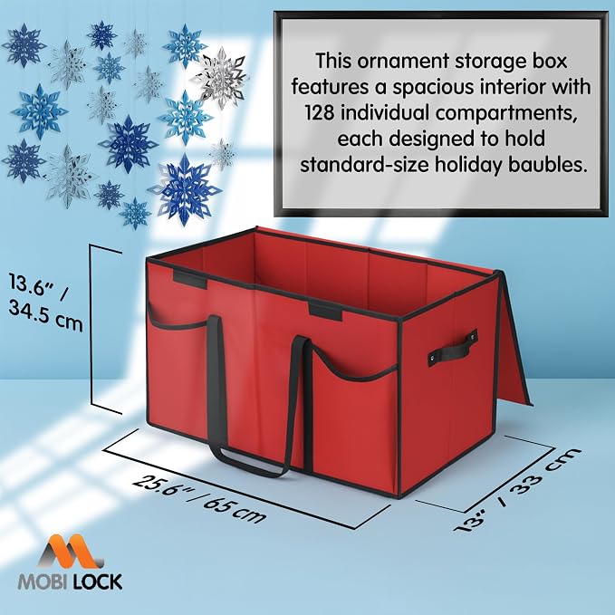 Christmas Ornament Storage Box with Dividers & Pockets - Holiday Ornament Organizer Bag - Holds 128 Balls - Durable Red Fabric Container with Handles - Foldable Xmas Decorations Storage - by Mobi Lock