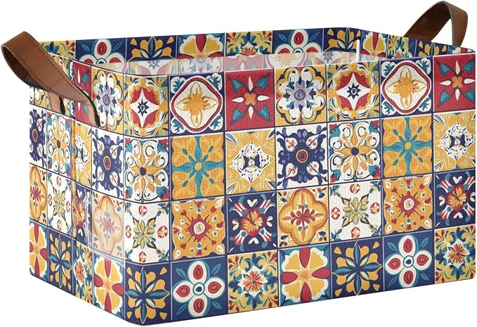 Mexican Spanish Style Colorful Tile Pattern Storage Bins for Shelves with Labels&Handles Fabric Organizer Bin Foldable Rectangle Storage Basket Boxes for Closet, Bathroom, Home, Living Room