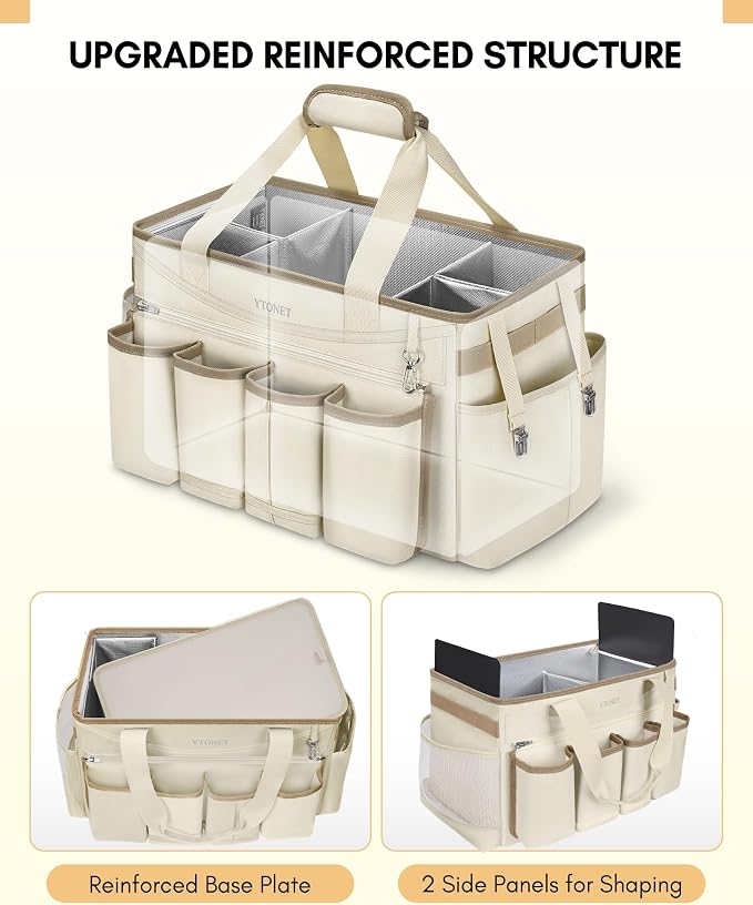Ytonet Extra Large Cleaning Caddy Bag with Detachable Apron, Cleaning Supplies Organizer with Foldable Dividers, Portable Cleaner Tote with Handle, Cleaner Caddy for Kitchen, Detailing Bag, Apricot