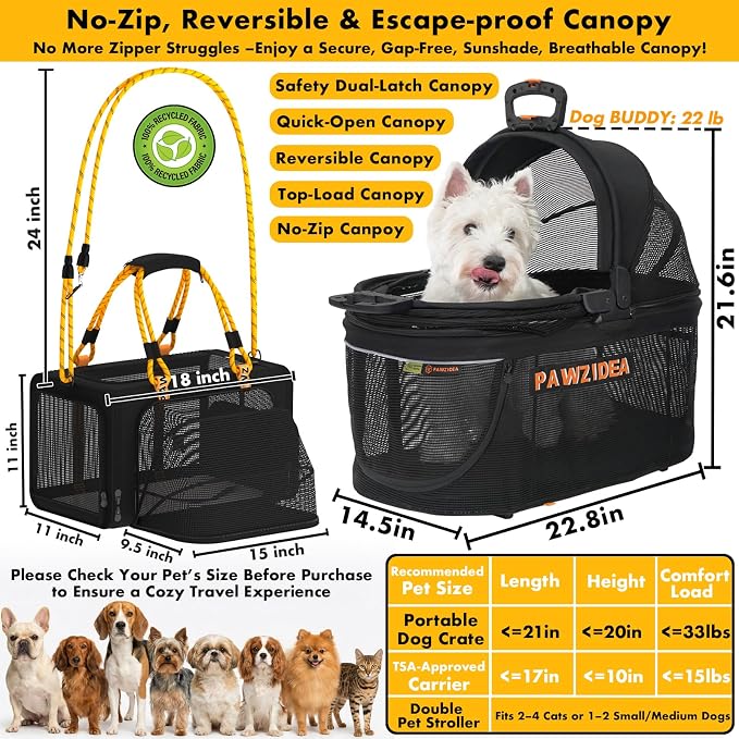 PAWZIDEA Double Pet Stroller with 2 Detachable Carrier for Multiple Pets | Portable Travel Crate & Car Seat Combo & TSA-Approved Expandable Carrier, Foldable Jogger Stroller for 2–4 Cats or Small Dogs