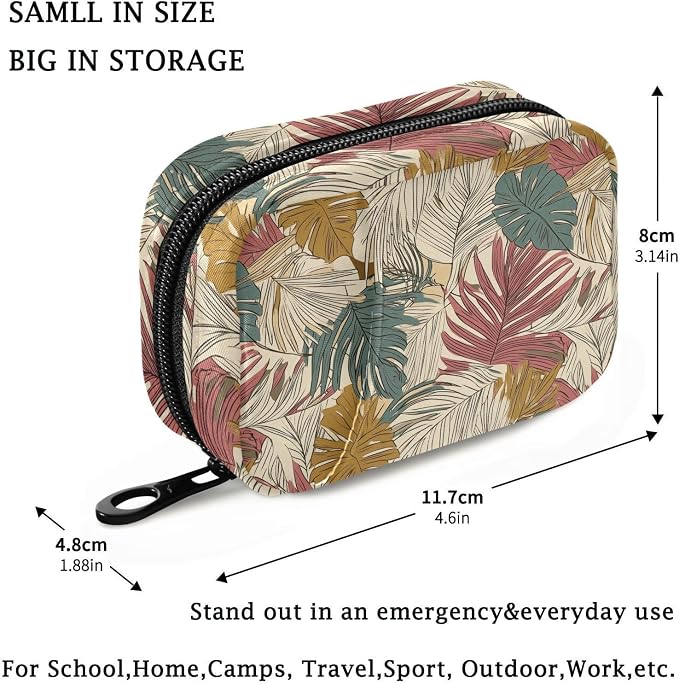 Fustylead Vintage Tropical Line Art Palm Leaves Pill Organizer for Purse, Weekly Portable Pill Box with Zipper to Storage Vitamins Fish Oils Medications Supplements