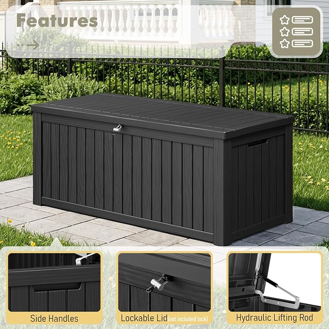 230 Gallon Outdoor Storage Box Waterproof Deck Box for Patio | Black, Resin, Large, Weatherproof, Divider, Lockable, Hydraulic Rod, Easy Assembly, Patio Cushions Storage, Organization