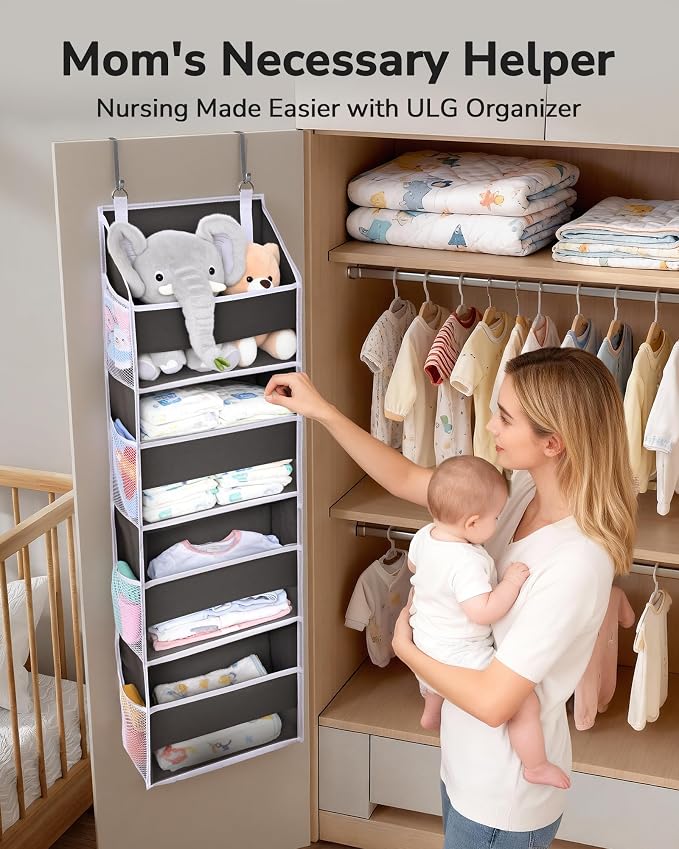 ULG 2 Pack Small Over Door Organizer with 4 Large Pockets 8 Mesh Side Pockets, Hanging Storage Organizer with Clear Window Kids Toys Deep Gray