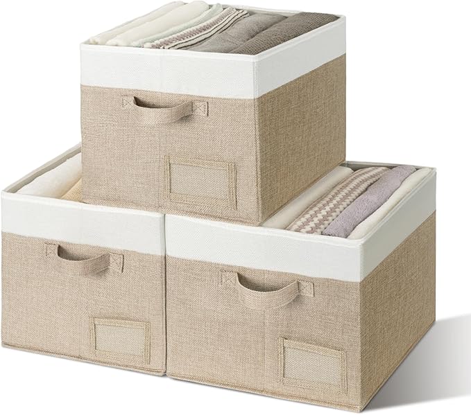 GRANNY SAYS Closet Storage Bins with Label, Khaki&Ivory, Large, 3-Pack | Closet Storage Bins, Large Fabric Storage Bins, Collapsible Clothing Storage and Organization, Decorative Storage Bins